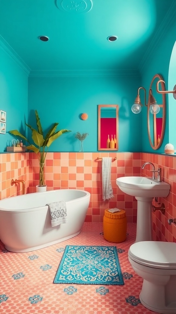 A vibrant bathroom featuring terracotta walls and bold teal accents.