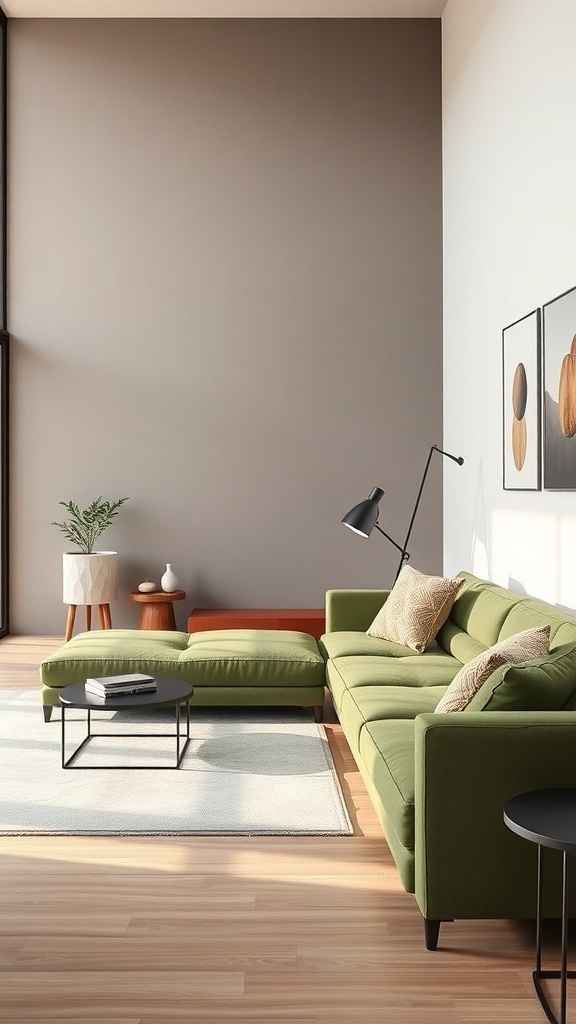 Modern minimalist living room featuring a green couch, light wooden coffee table, and neutral decor.