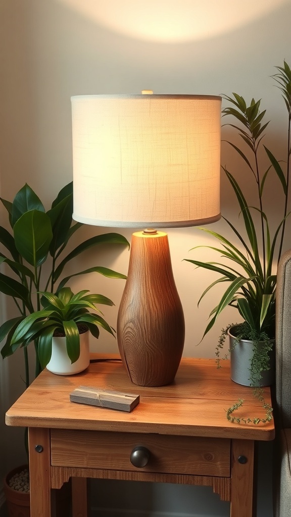 A wooden lamp with a fabric shade on a round wooden table surrounded by green plants.