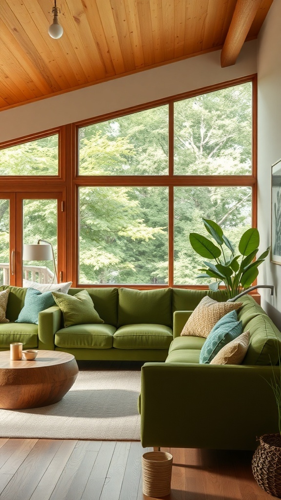 A cozy living room featuring a green couch, large windows, wooden ceiling, and plants, creating a nature-inspired retreat.