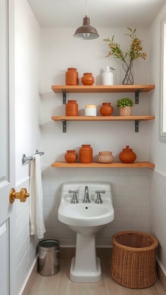 Open shelving in a bathroom featuring terracotta pots and accessories.