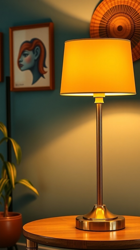 A Mid-Century Modern lamp with a yellow shade and metallic base on a wooden table, surrounded by retro decor.