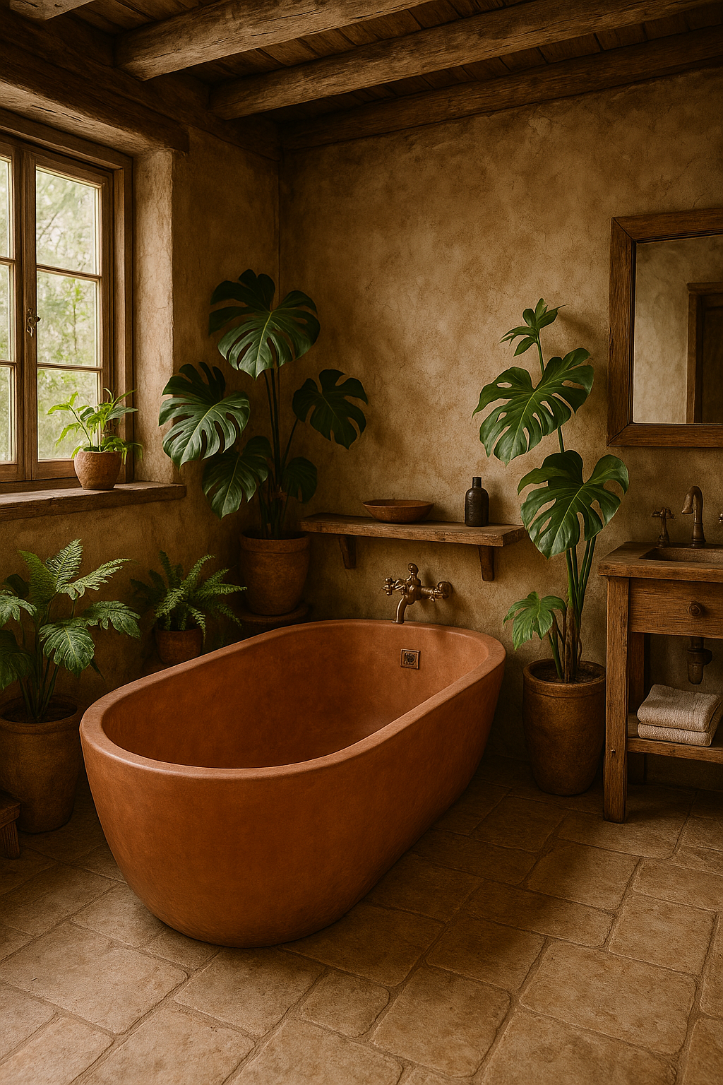 A rustic terracotta bathtub surrounded by lush green plants in a cozy bathroom setting.