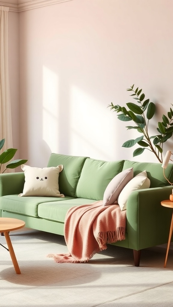 A cozy living room featuring a green couch with pastel accents, a cute pillow, a pink throw blanket, and leafy plants.