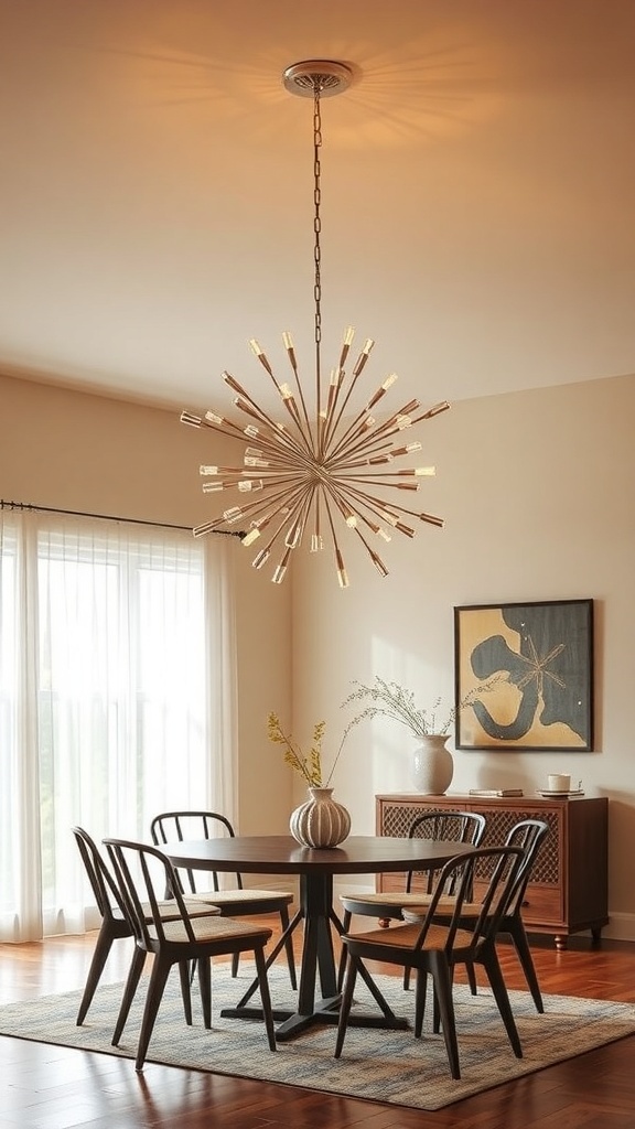 A stylish Sputnik chandelier hanging above a round dining table in a modern dining area.