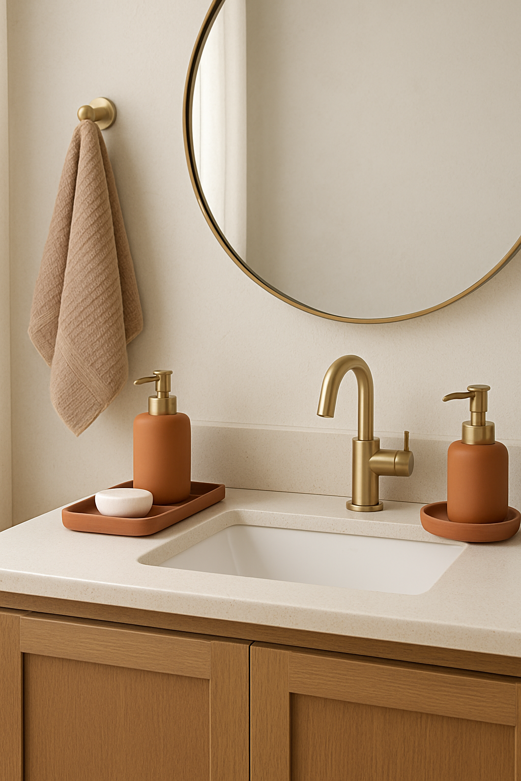 A stylish bathroom with terracotta accessories including soap dispensers and trays.