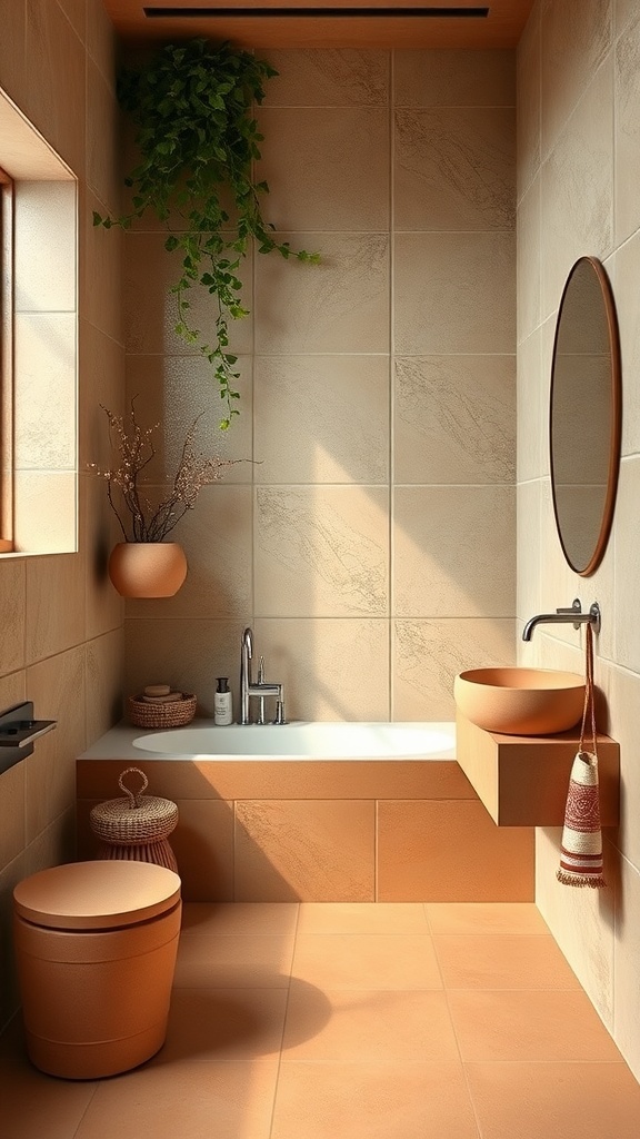 A modern bathroom featuring terracotta elements, including a sink and storage, with natural light and greenery.