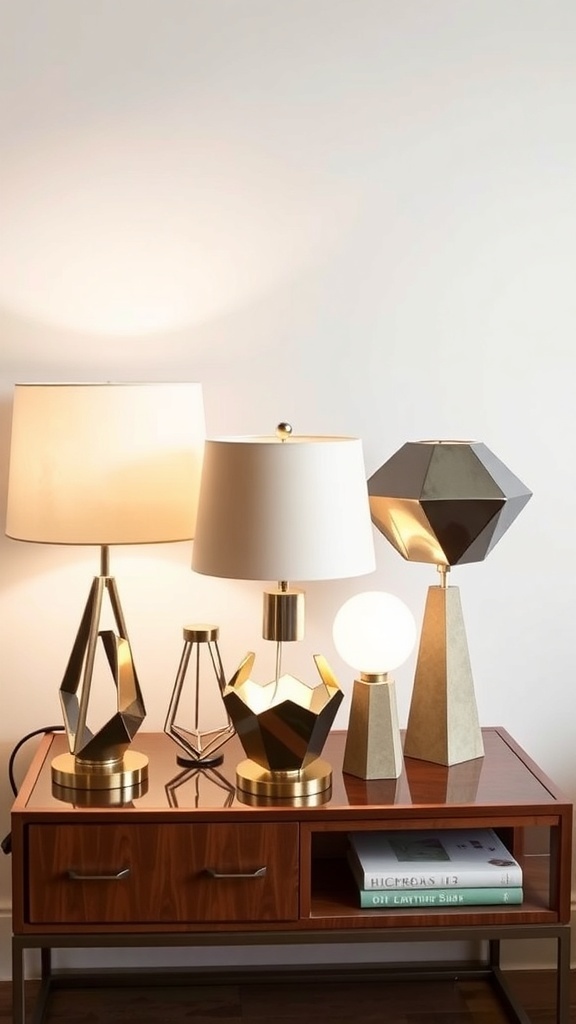A collection of Mid-Century Modern table lamps with geometric shapes on a dresser.