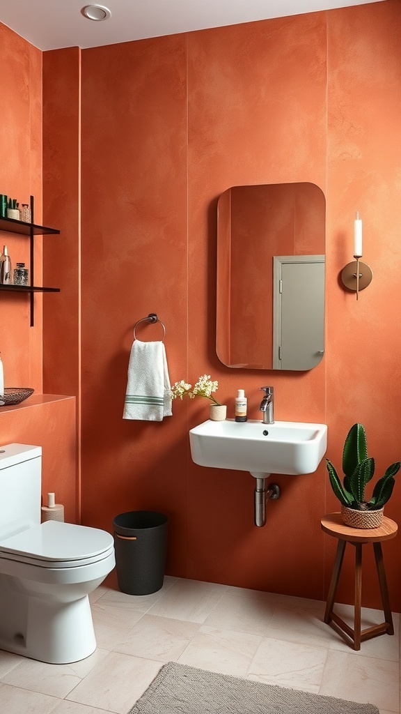 Bathroom featuring a terracotta accent wall with modern fixtures and decor.