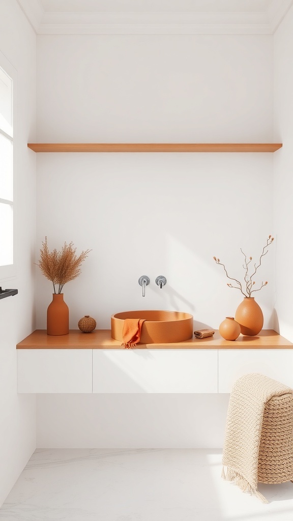 A modern bathroom featuring terracotta accents with a warm color palette.