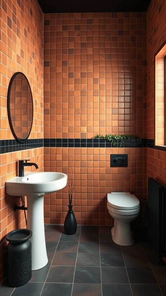 A terracotta tiled bathroom with black accents, featuring a round mirror, a white sink, and a black vase.