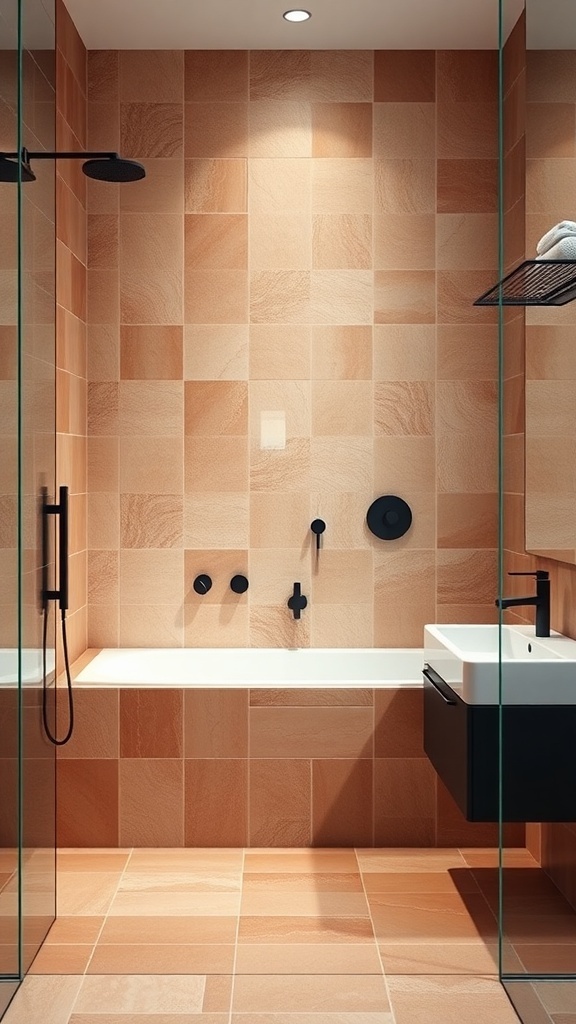 A modern bathroom featuring terracotta tiles and glass elements.