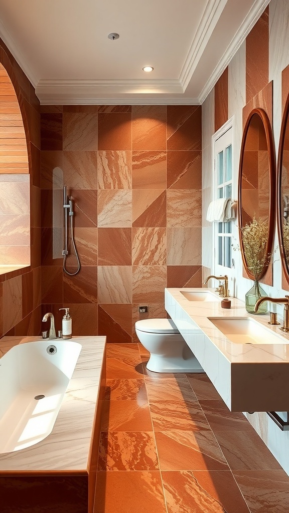 A stylish bathroom featuring terracotta walls and marble countertops.