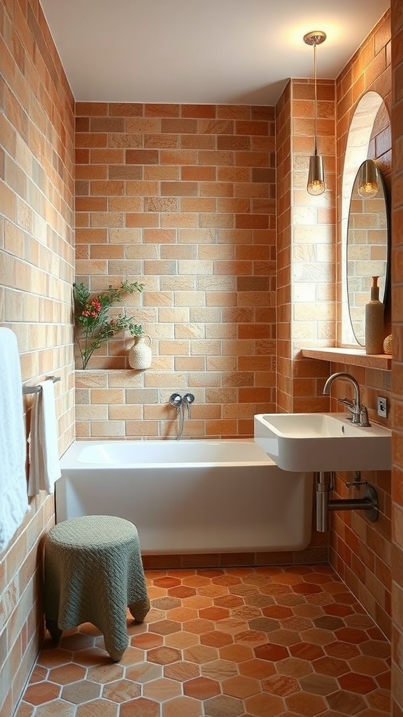 A stylish bathroom featuring terracotta tiles on the walls and floor, with a modern bathtub and sink.
