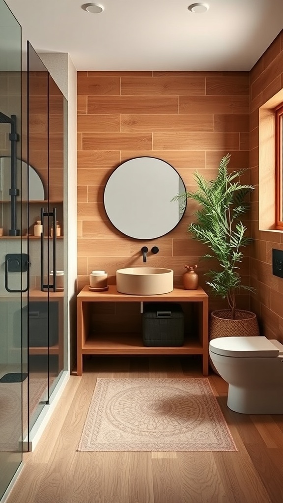 A stylish bathroom featuring terracotta walls, wooden accents, and a round mirror.