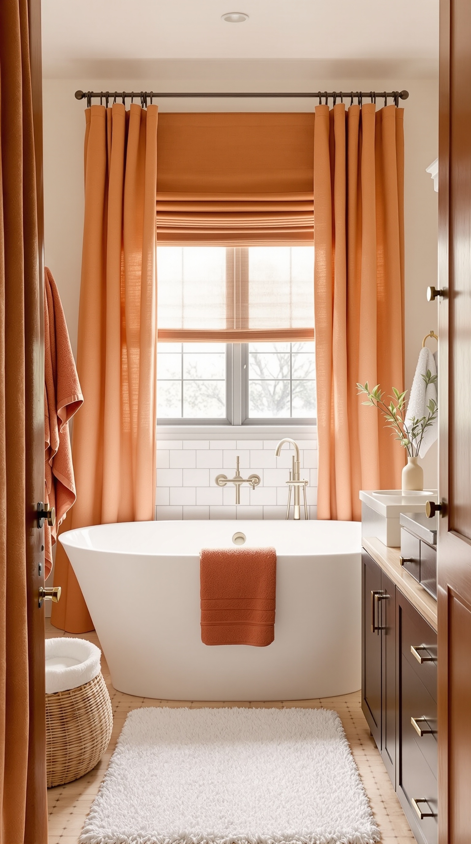 A cozy bathroom featuring terracotta tiles and orange textiles.