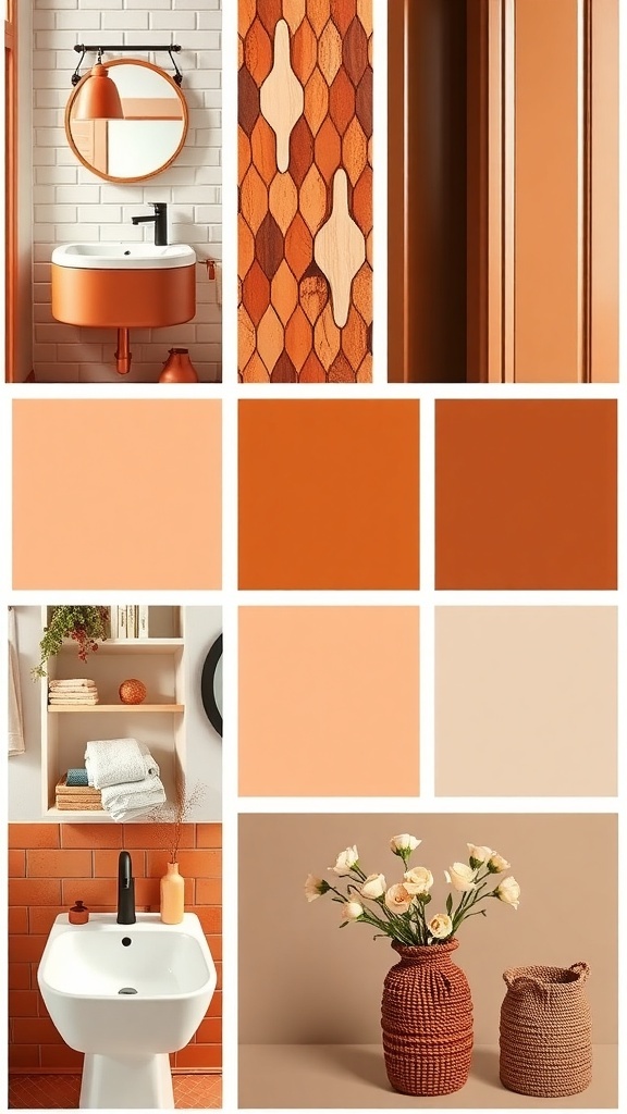 A terracotta color palette featuring soft peach, deep rust, and creamy beige shades with a plant and woven decor.