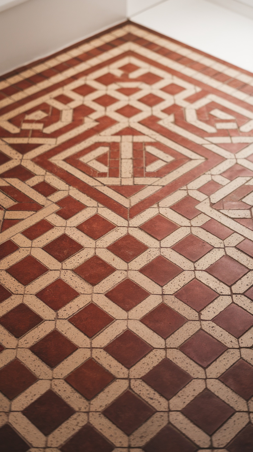 A bathroom featuring terracotta floor tiles with intricate patterns.