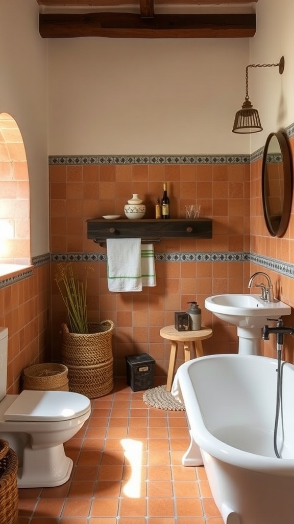 A cozy bathroom featuring terracotta tiles, wooden accents, and natural decor.