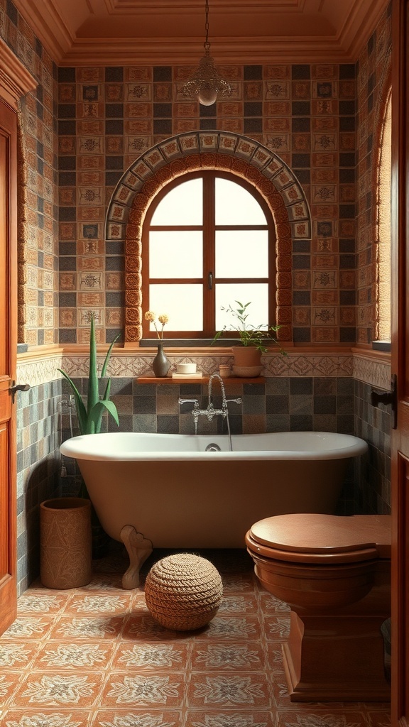 A cozy terracotta bathroom featuring earthy tones, plants, and modern fixtures.