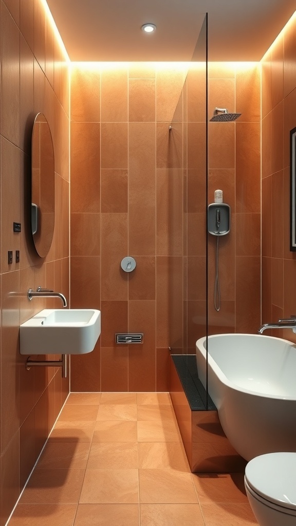 Contemporary bathroom featuring terracotta tiles, a modern sink, and a glass shower.