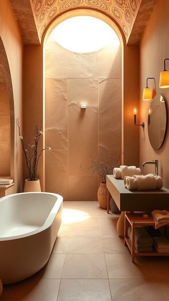 A serene bathroom featuring a terracotta bathtub, natural decor, and soft lighting.