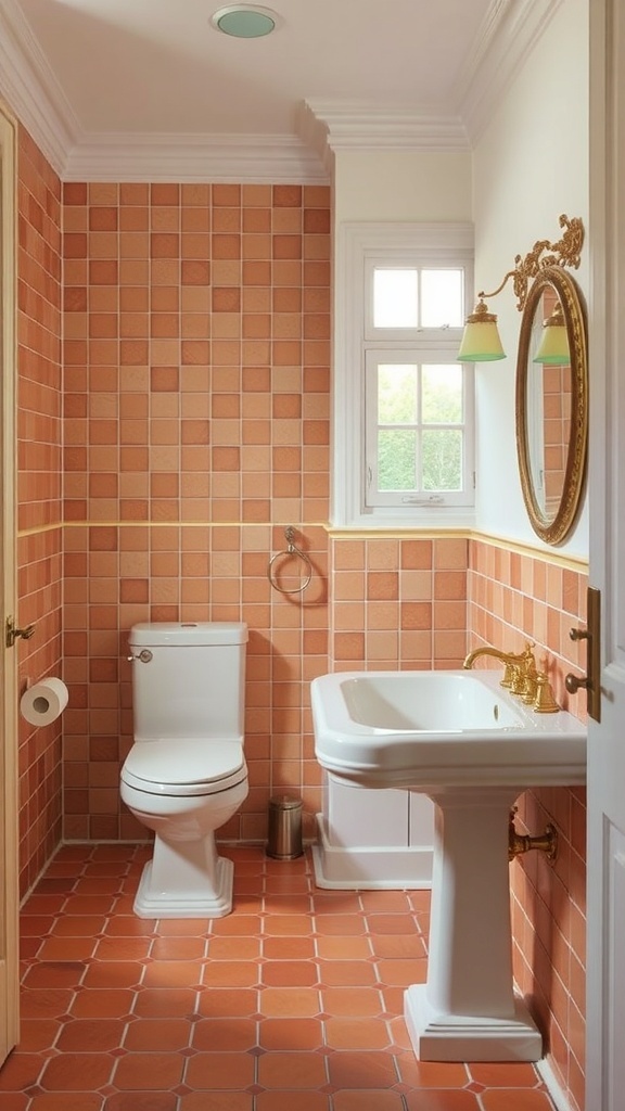 A vintage bathroom featuring terracotta tiles on the walls and floor, with a round mirror and stylish lighting.