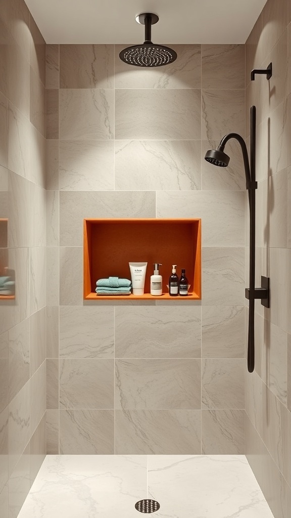 A modern shower with a terracotta niche holding towels and toiletries.