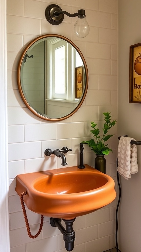 A terracotta sink in a stylish bathroom with vintage decor.