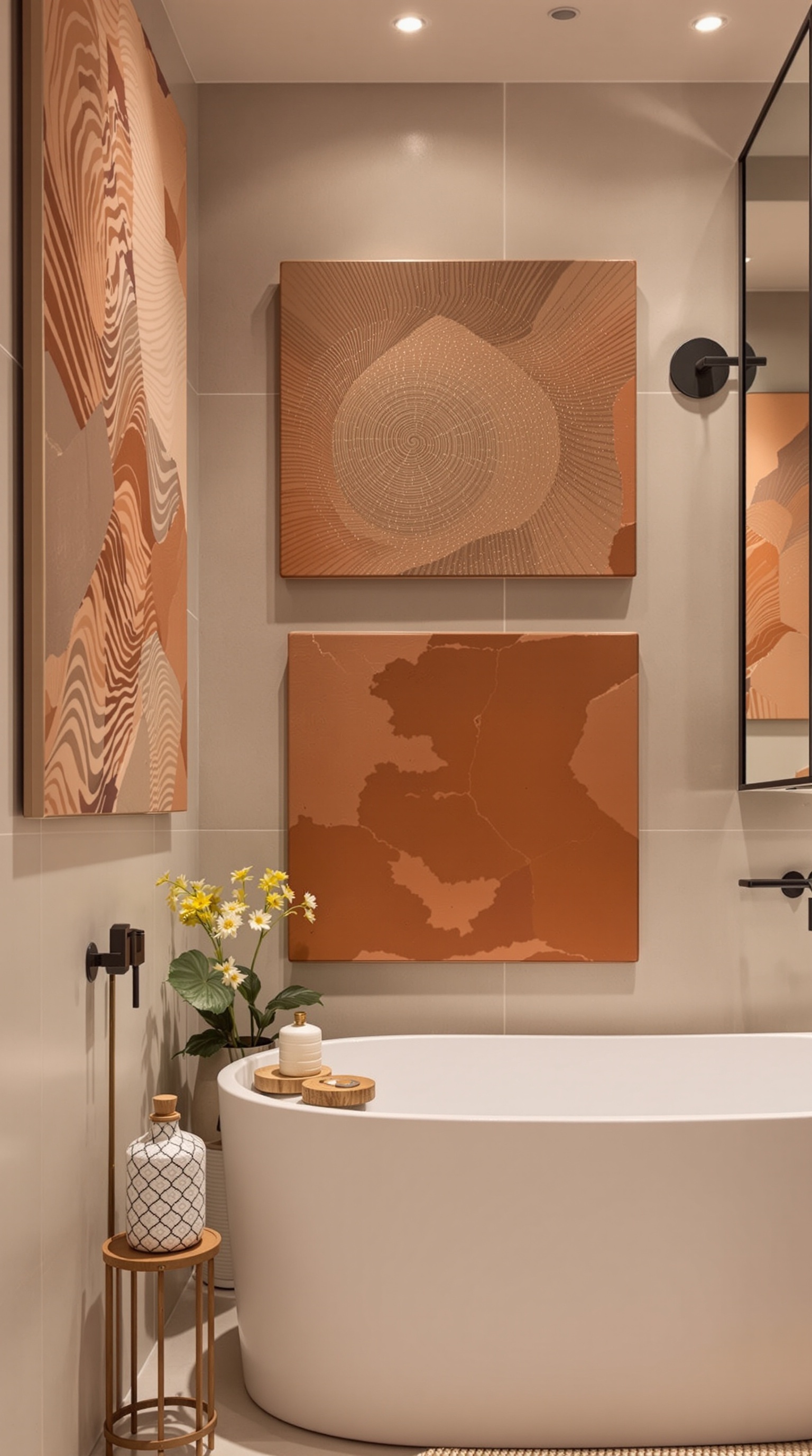 A bathroom featuring terracotta wall art with plates and vases.