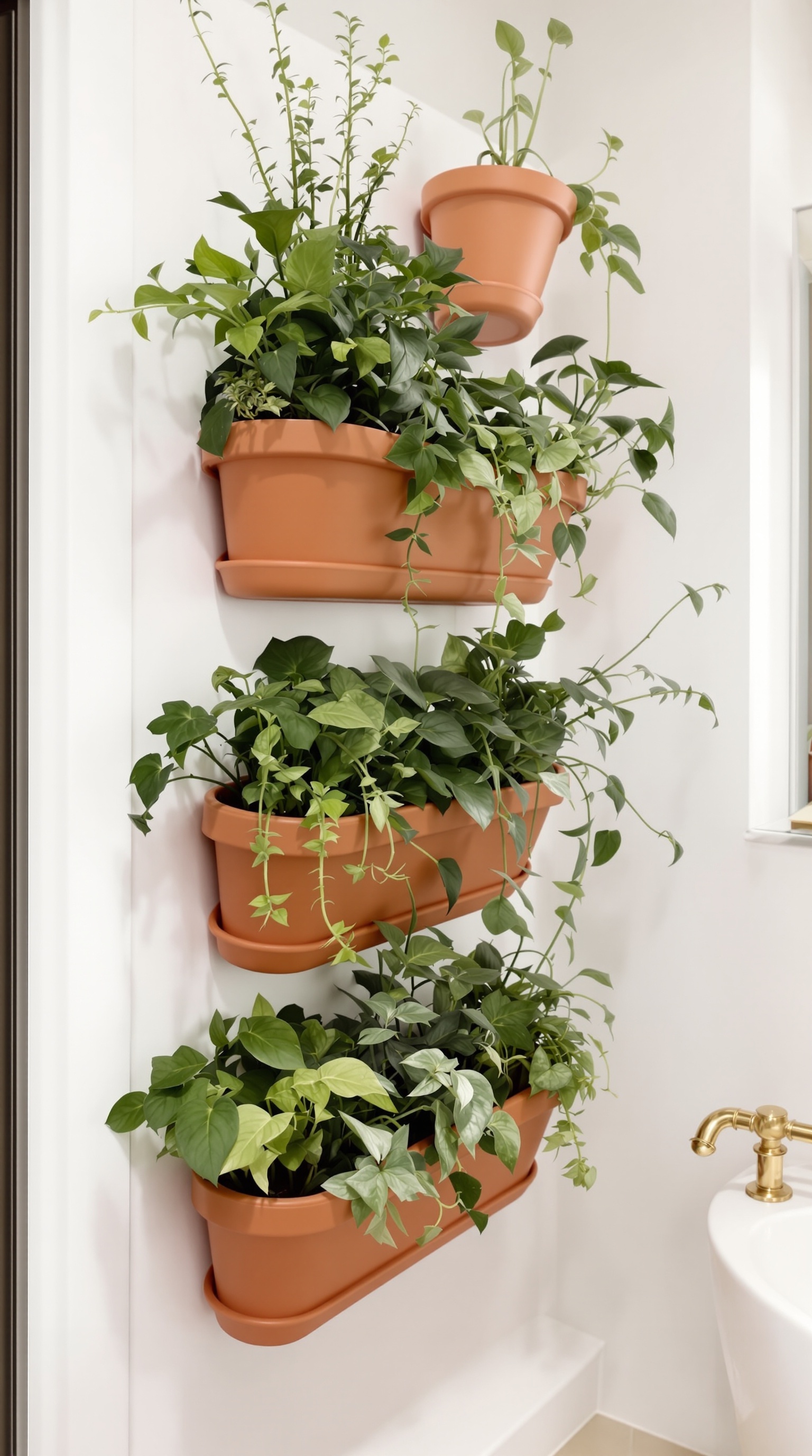 Bathroom with terracotta wall planters filled with greenery.