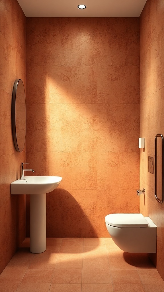 A bathroom with textured terracotta walls, a round mirror, a white sink, and a modern toilet.