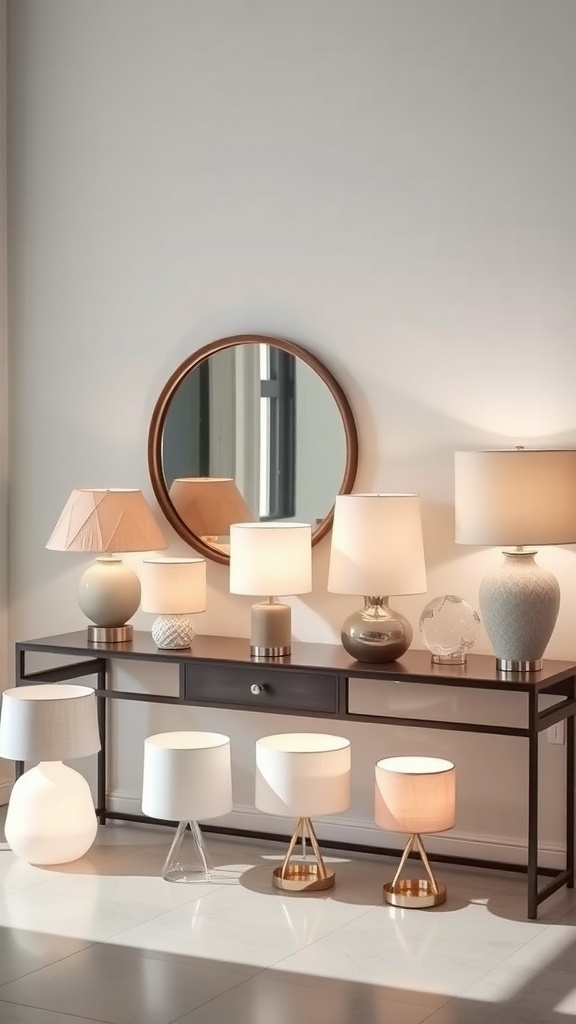 A collection of Mid-Century Modern lamps with various unique shade designs displayed on a console table.