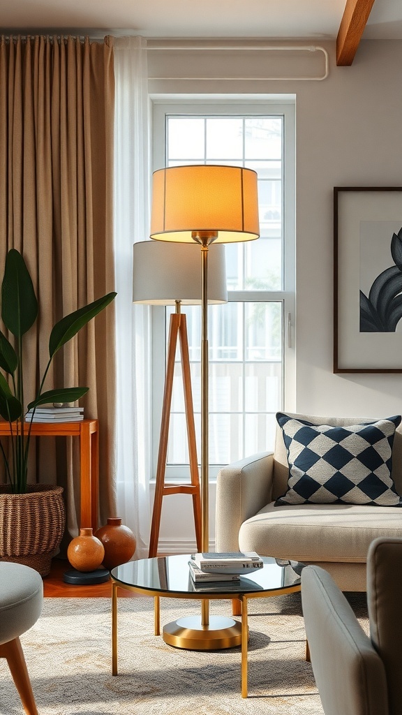 A stylish living room featuring Mid-Century Modern lamps, showcasing iconic silhouettes and a cozy atmosphere.