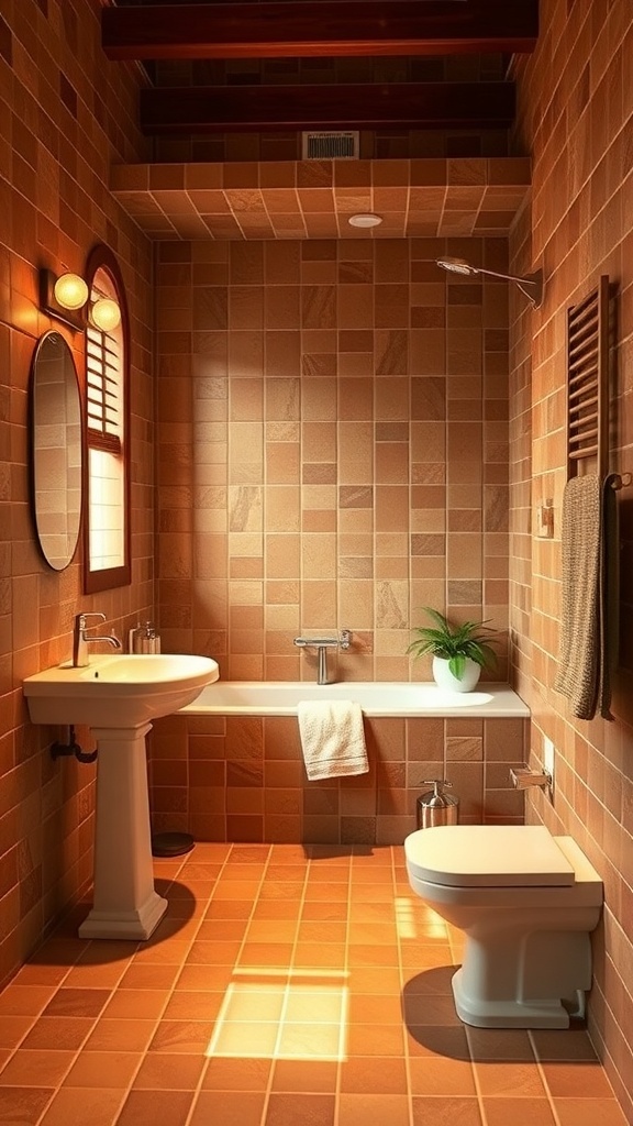 A cozy bathroom featuring warm terracotta tiles on the walls and floor, with a modern sink and toilet.