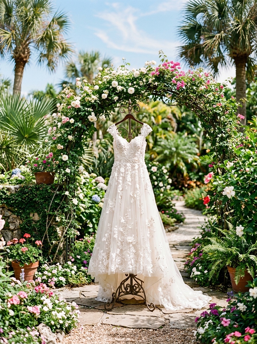 A beautiful A-line wedding dress with floral accents displayed under a floral arch in a tropical garden.