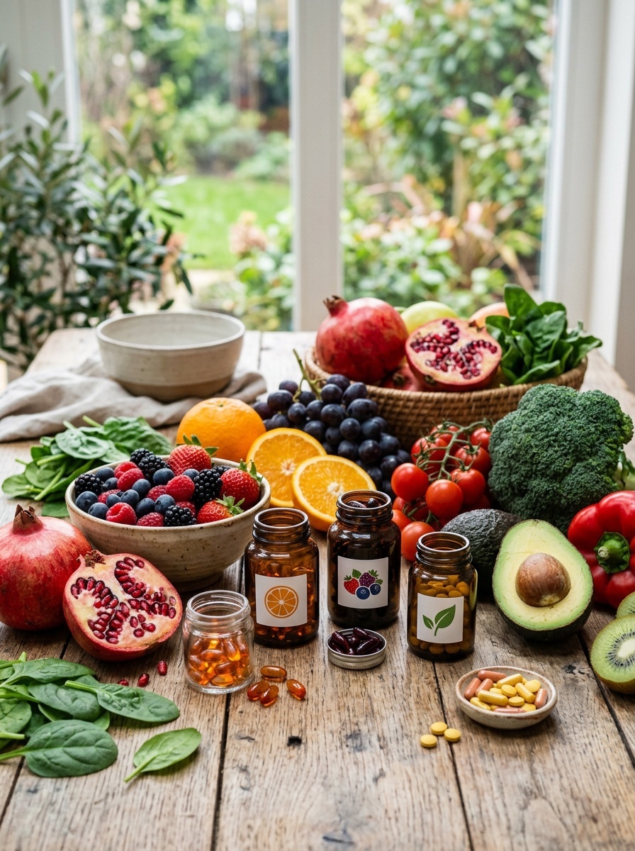An assortment of antioxidant-rich fruits, vegetables, and beauty supplements on a wooden table.