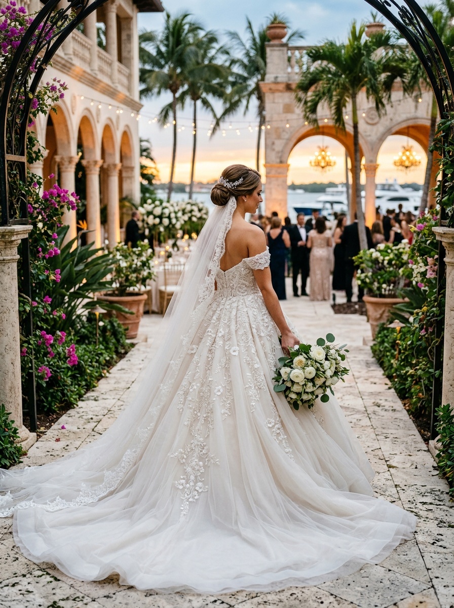 Bride in a ball gown with off-the-shoulder sleeves standing outside a beautiful venue.