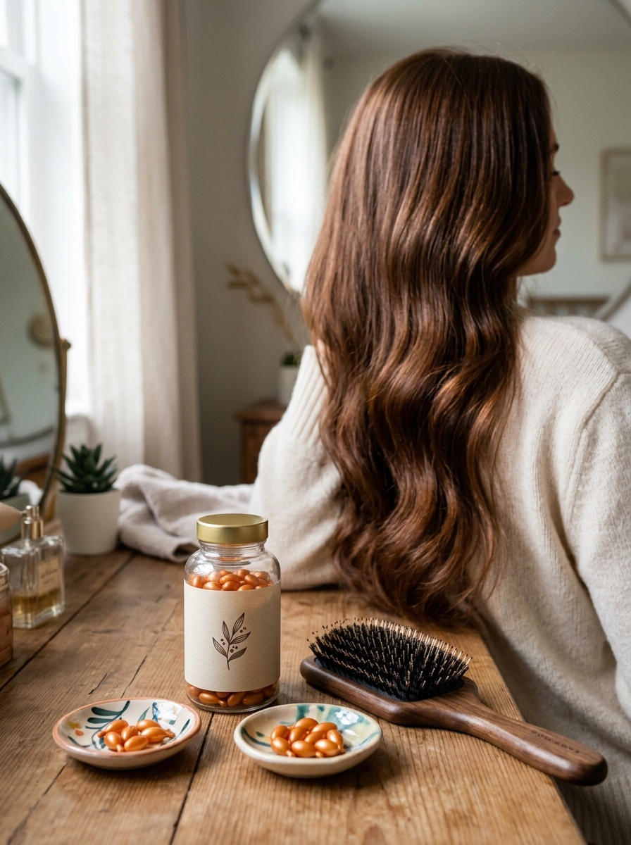 A young woman with long hair sitting at a table with biotin supplements and a hairbrush.