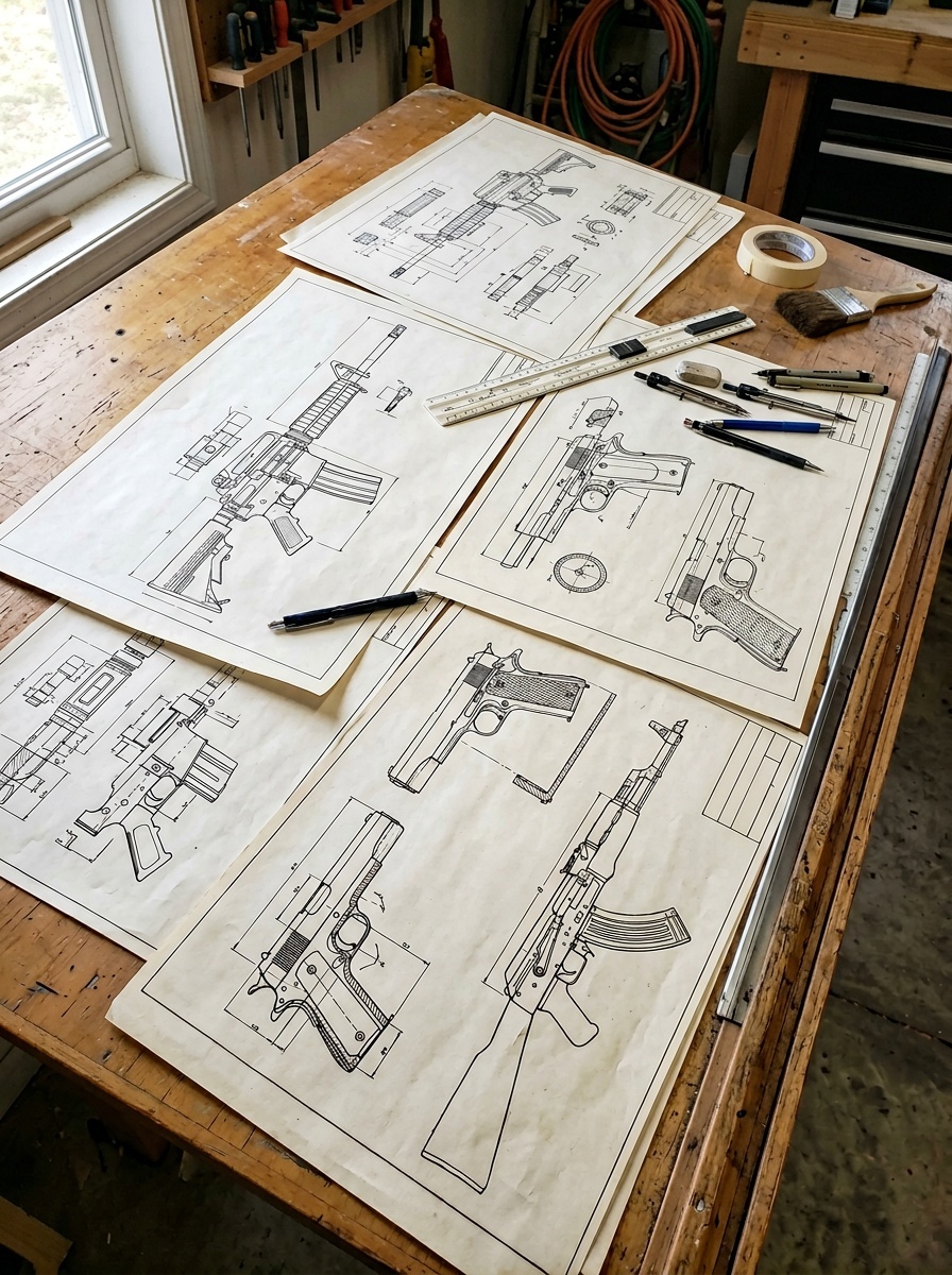 Blueprints and design plans for various firearms laid out on a table.