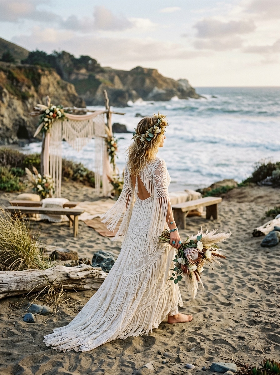 A bride in a bohemian style wedding dress with fringe on a beach, wearing a floral crown and carrying a bouquet.