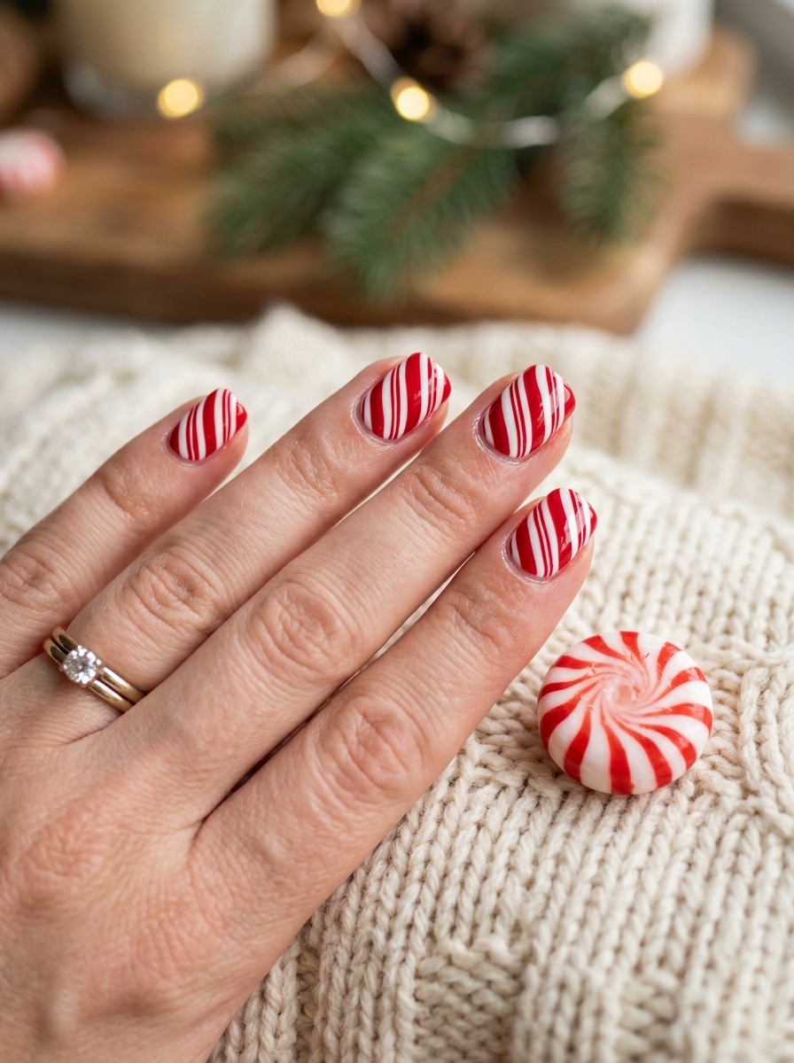 A hand with candy cane striped nails, featuring red and white stripes, next to a peppermint candy on a knitted fabric.