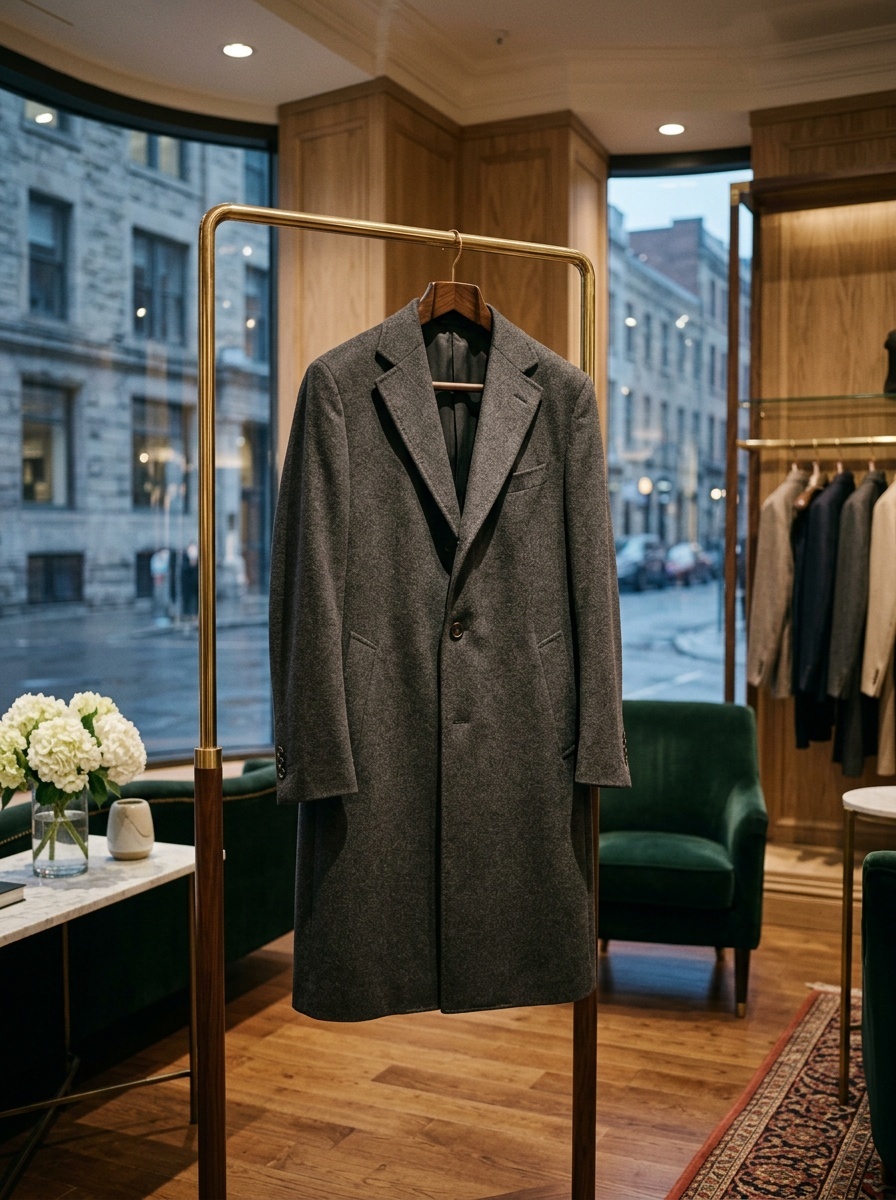 A stylish gray cashmere blend overcoat on display, highlighting its classic design in a chic boutique.