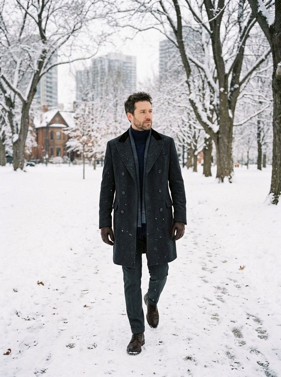 A man in a stylish Chesterfield coat walks through snow-covered park