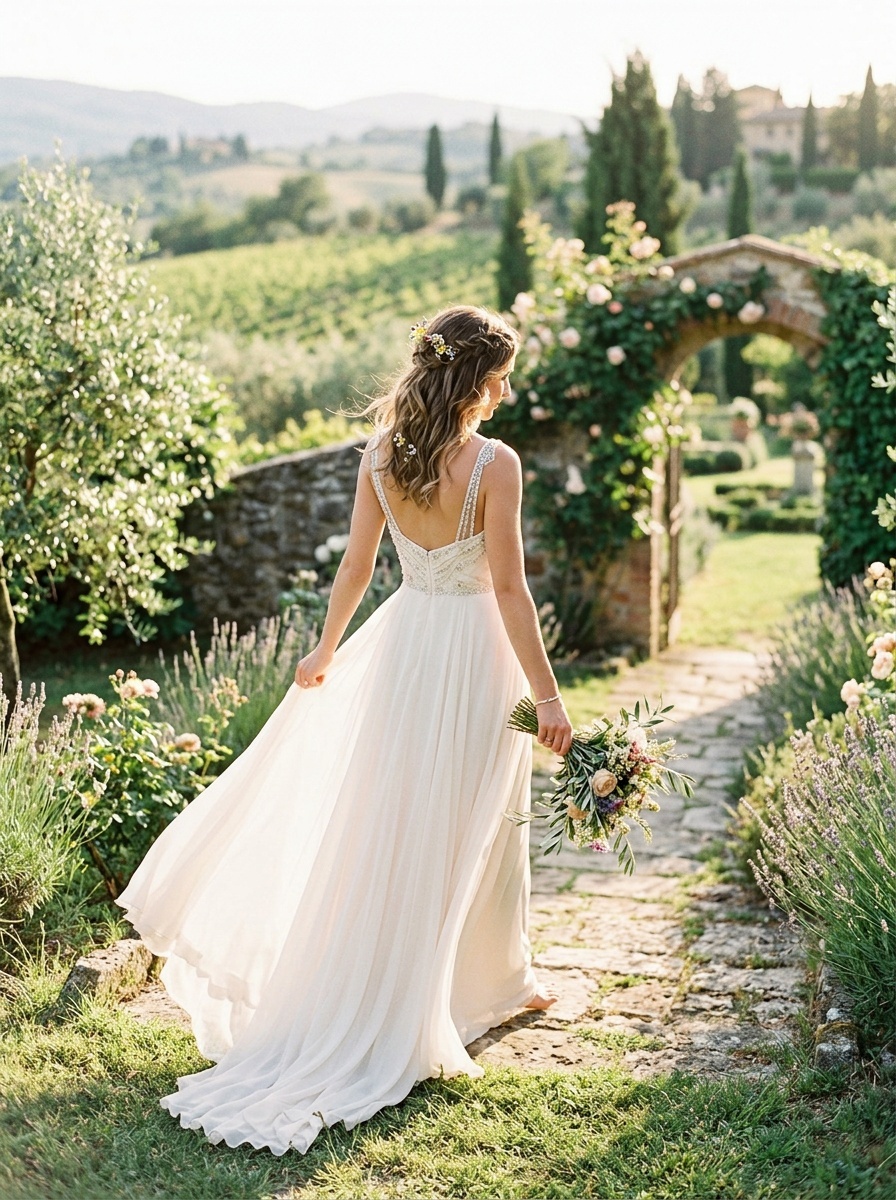 A woman in a chiffon sheath dress with beaded straps walking in a beautiful outdoor setting, showcasing a romantic and elegant style.