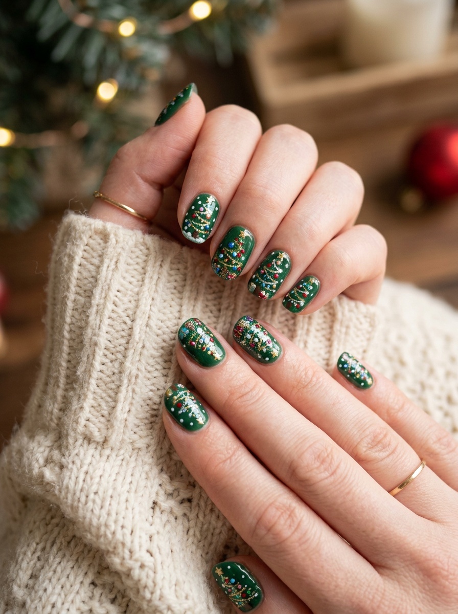 Nails painted in green with Christmas tree designs and colorful ornaments.