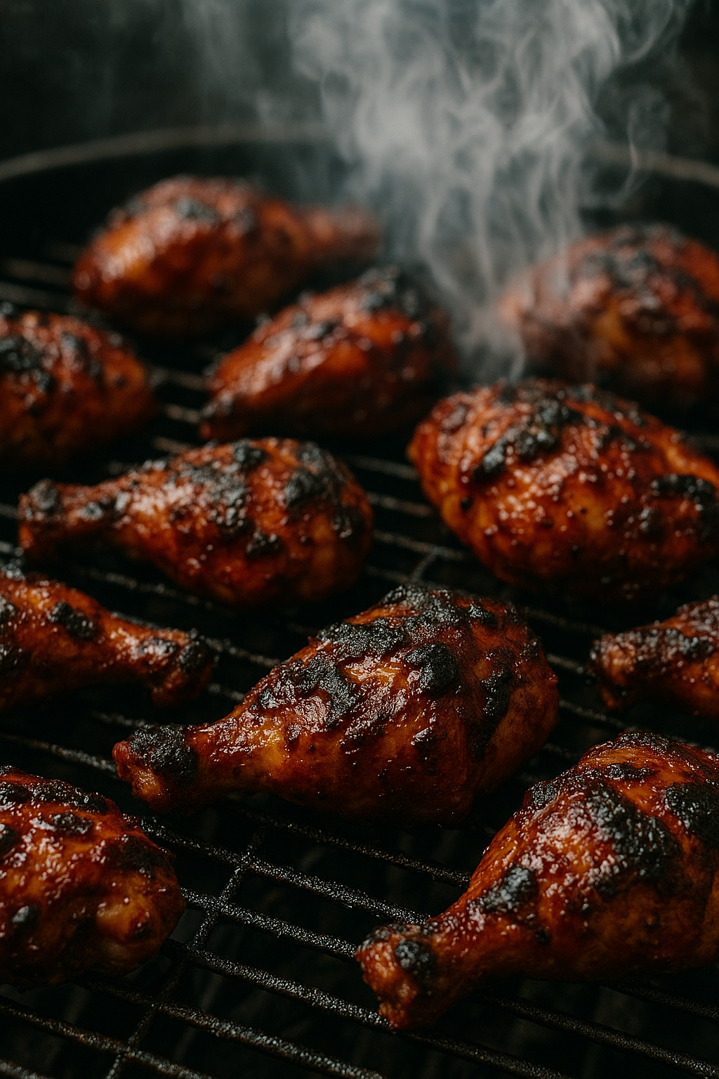 BBQ chicken with charred skin on the grill.
