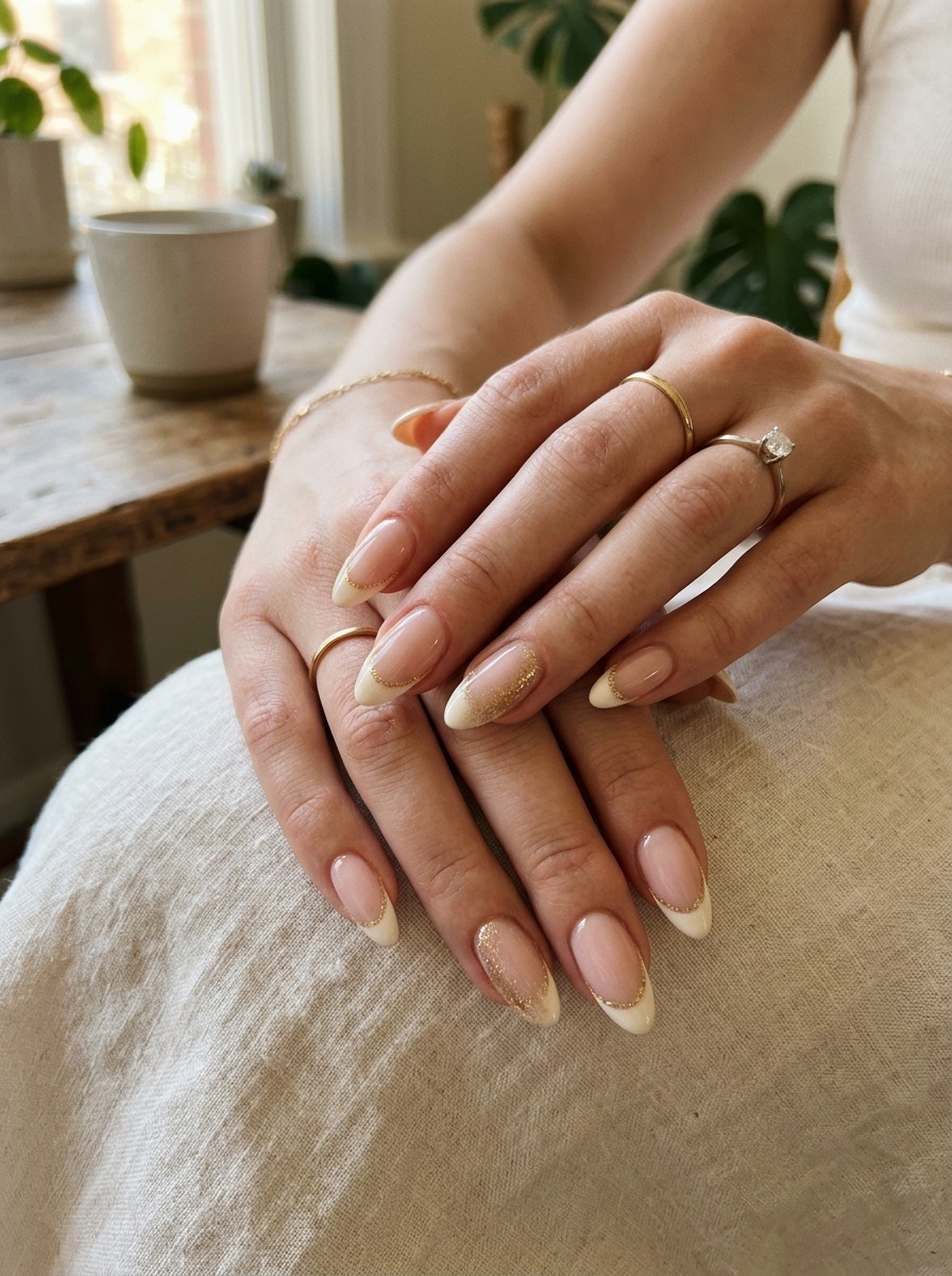 A close-up of a woman's hands with classic French tip nails, featuring gold glitter on one nail, adorned with delicate rings.