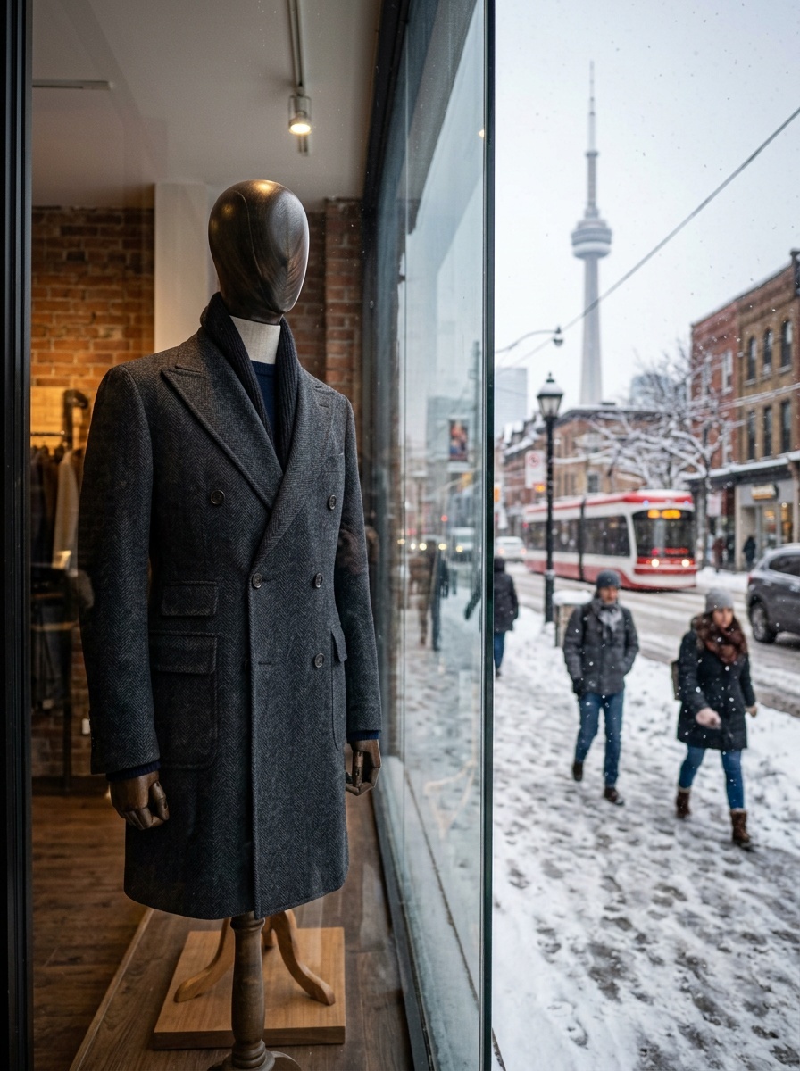 A stylish grey wool overcoat displayed in a shop window, with snowy Toronto streets and the CN Tower visible in the background.