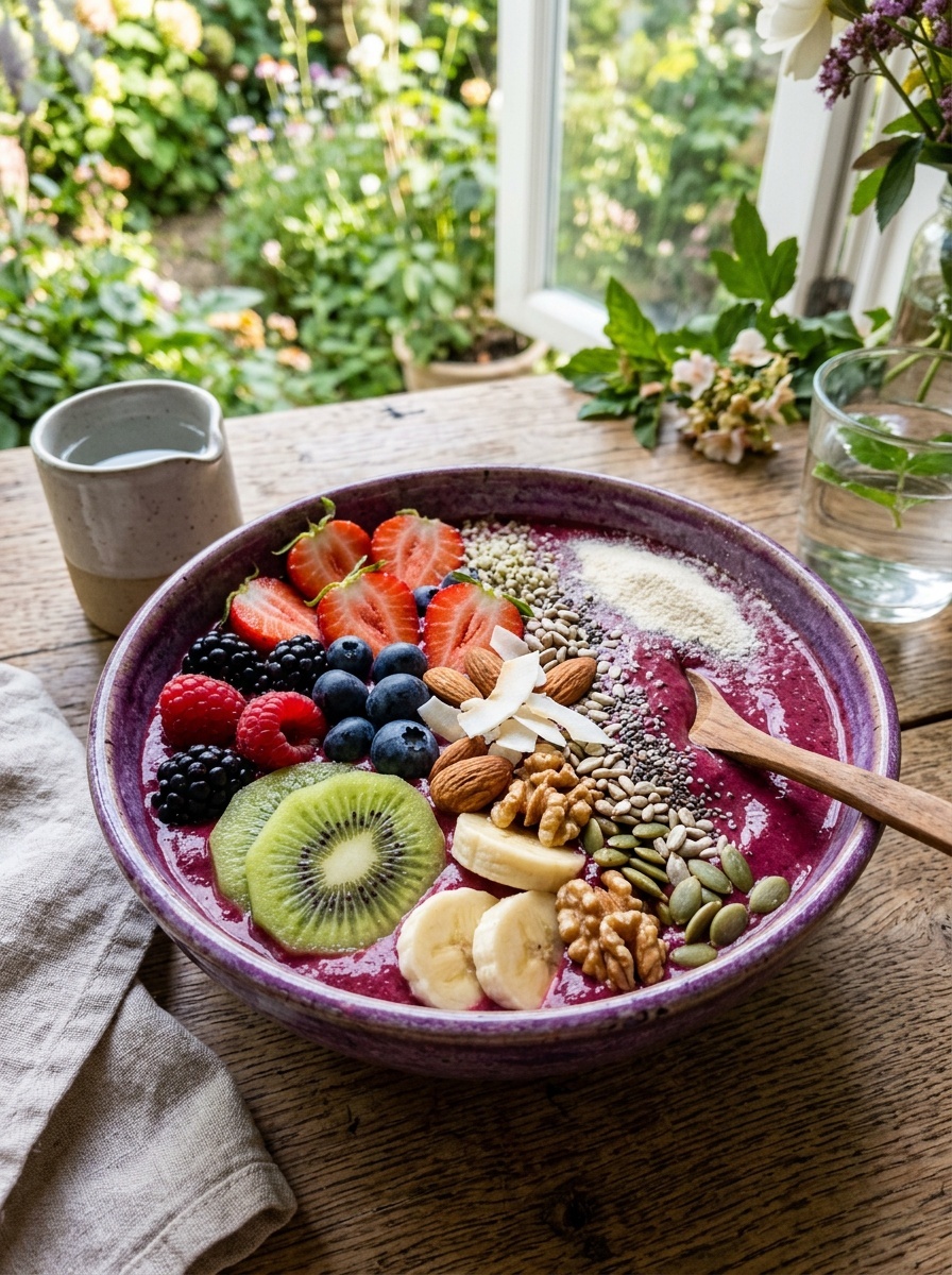 A colorful smoothie bowl with fruits and nuts, suggesting a healthy meal option.